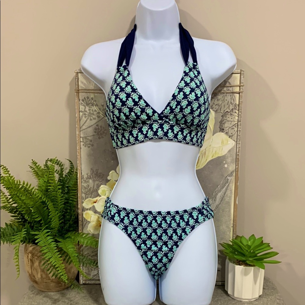 LANDS END Blue Geometric Bikini Set, Bottom Size 4 & Top Size 2